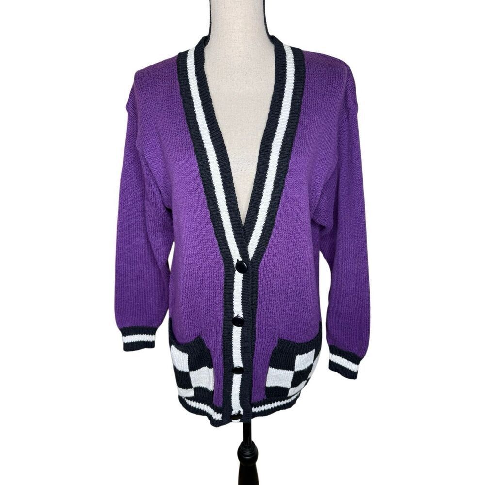 Vintage Outlander Sweater Putple & Black Cotton V Neck Cardigan Size S Preppy